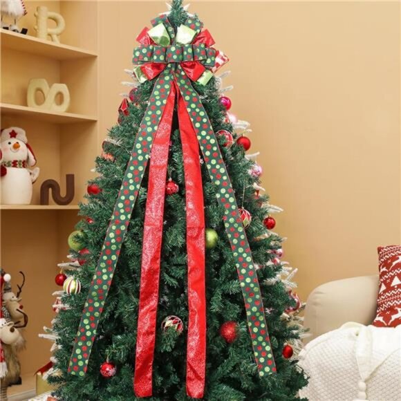 Christmas Tree Topper Wreath Bow Large Green Christmas Bow Tree Topper 52"x13" - Picture 4 of 8